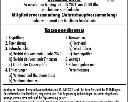 Einladung Mitgliederversammlung (Jahreshauptversammlung) 26.07.2021