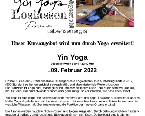 Fitness & Tanz startet mit Yoga ab 09.02.2022 