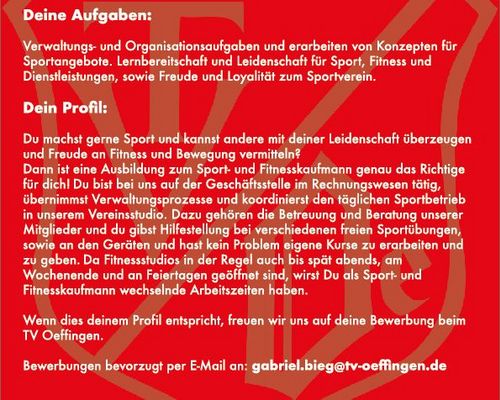 AZUBI WANTED! Ausbildung: Sport – und Fitnesskaufmann/-Frau beim TV Oeffingen