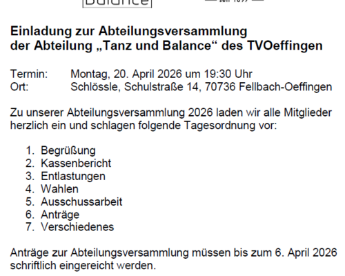 Einladung zur Abteilungsversammlung "Tanz und Balance" am 20. April 2026
